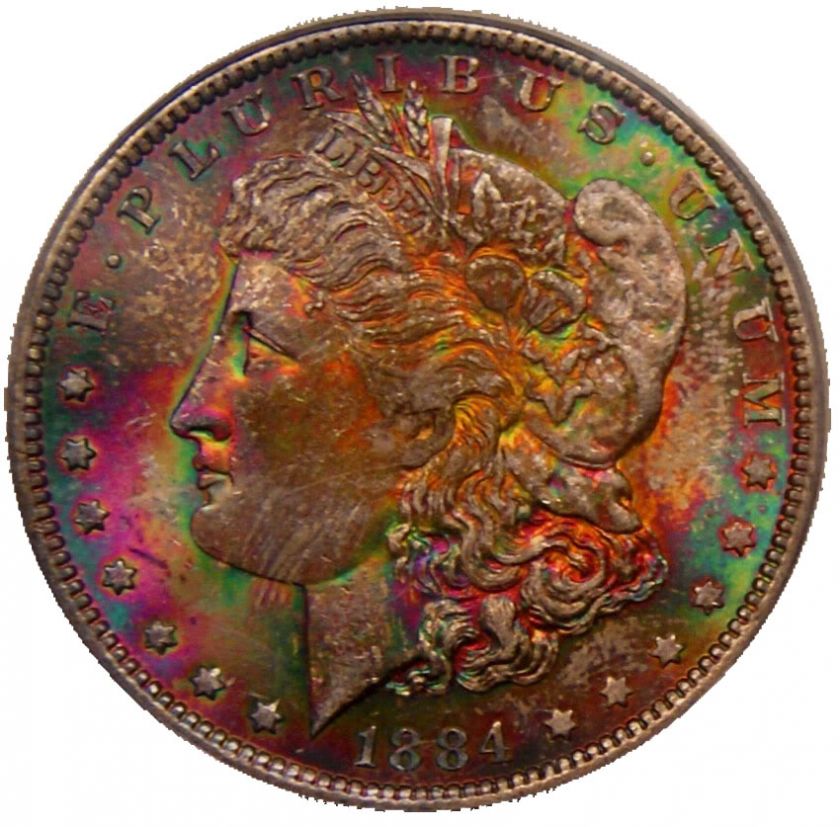 TONED PCGS 1884 O MS65 OUTSANDING COLORS BRILLIANT GREENS & PURPLES 