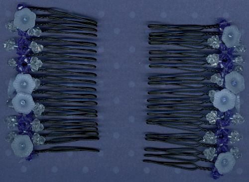 Hair Combs #2 w/Metal Teeth & Blue Beads & Flowers  