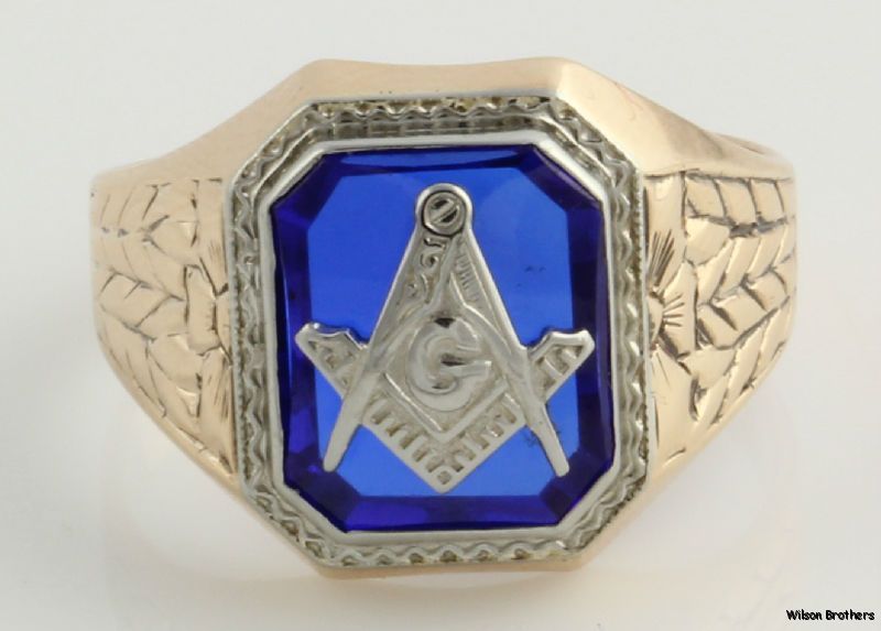 Masonic Blue Spinel c1910s 20s Edwardian Mens Ring   10k White Yellow 