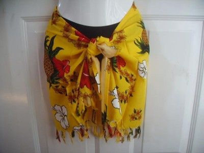 SARONG FLORAL SHORT COVER UP SCARF FRINGE GOLD RED PINEAPPLE XS S M 