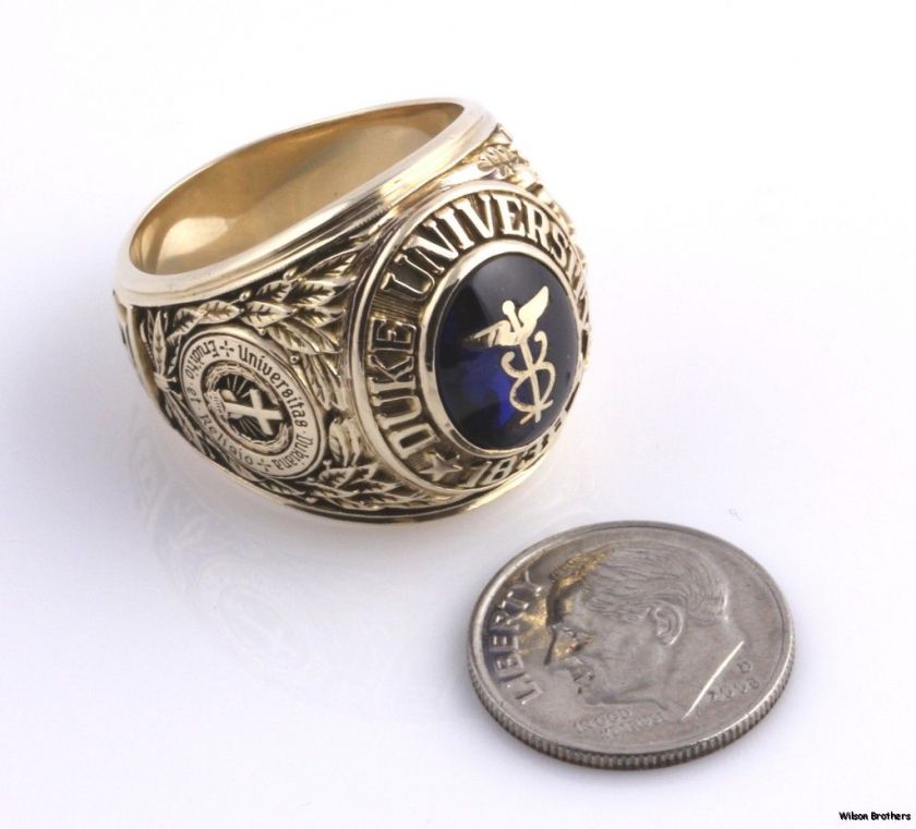 1960 Duke University Syn Blue Spinel Caduceus Class Ring   10k Gold 
