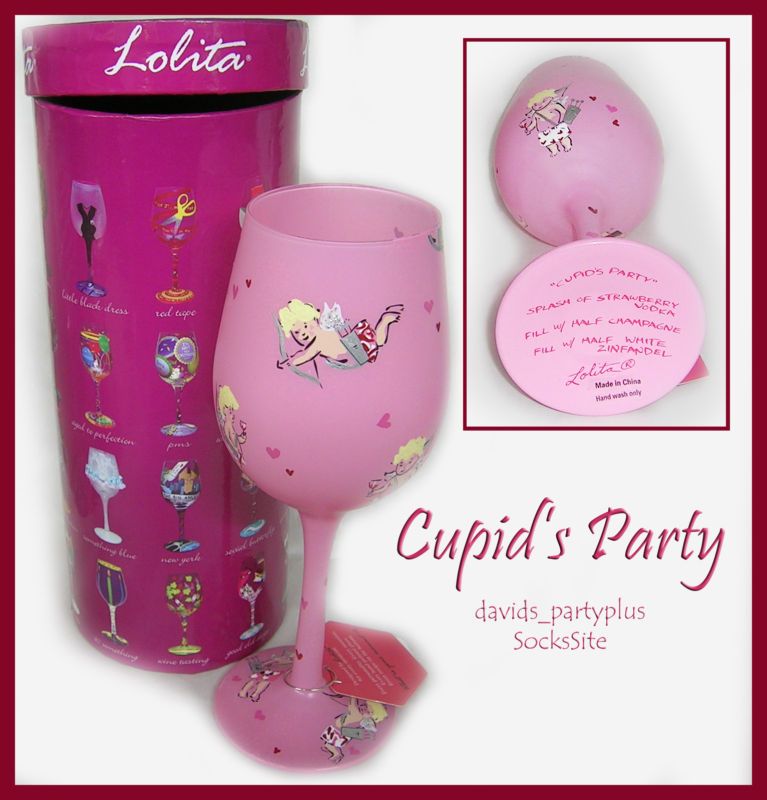 New Pink Lolita Love My Wine Hand Painted Glass Angel Cupids Party 