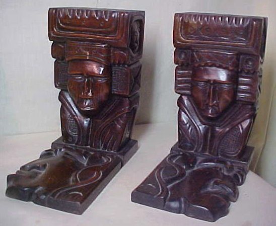 Hecho Amano Carved Wood Art Deco Modern Maya Bookends  