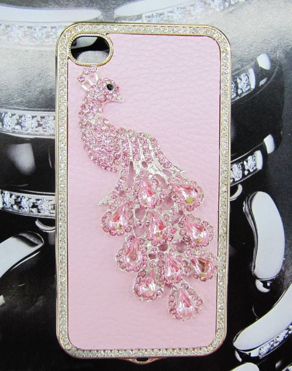 Pink Lady Little Peacock Bling Diamond Crystal Case Cover for iPhone 