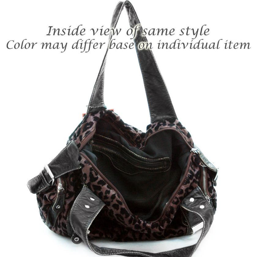 Stone washed animal print hobo bag w/ zipper & buckle detail   black 