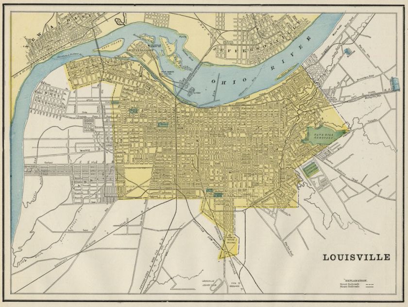 Louisville Kentucky Street Map Authentic 1887; Stations, Landmarks 