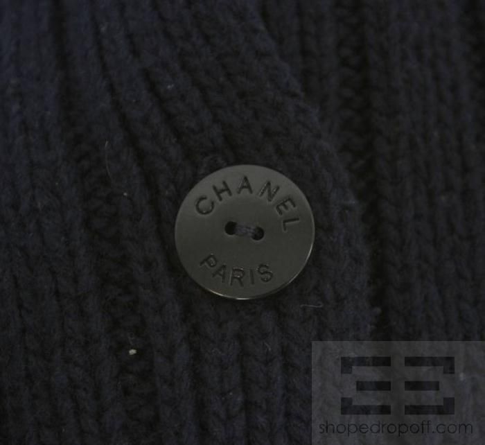 Chanel Boutique Navy Wool Thick Knit Long Button Front Sweater 97A, Sz 