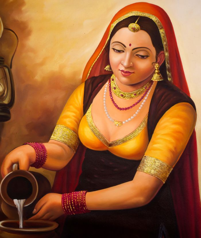 Indian Village Woman Painting Oil Handmade Portrait Art  